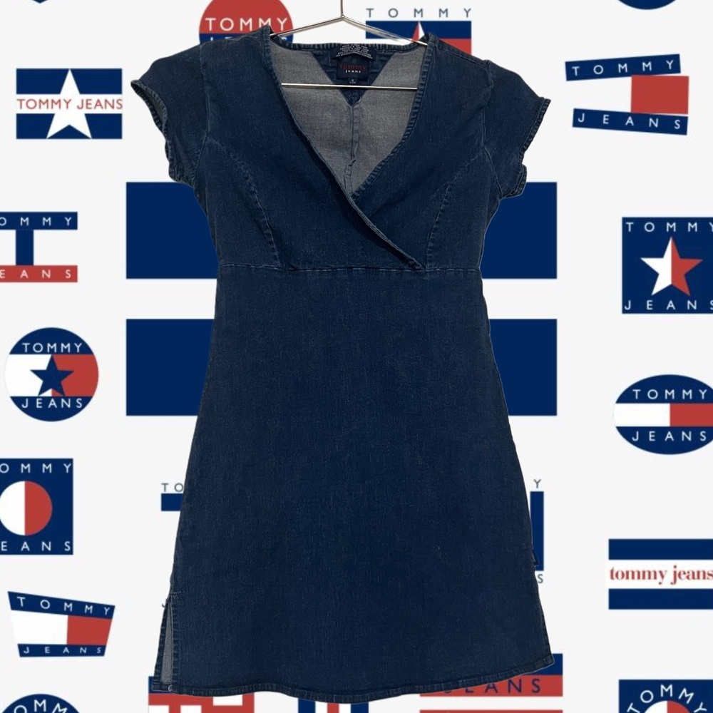 💿Vintage 90s Y2K💿- Dark Denim Tommy Jeans Hilfiger Mini Tie Back Dress- Small